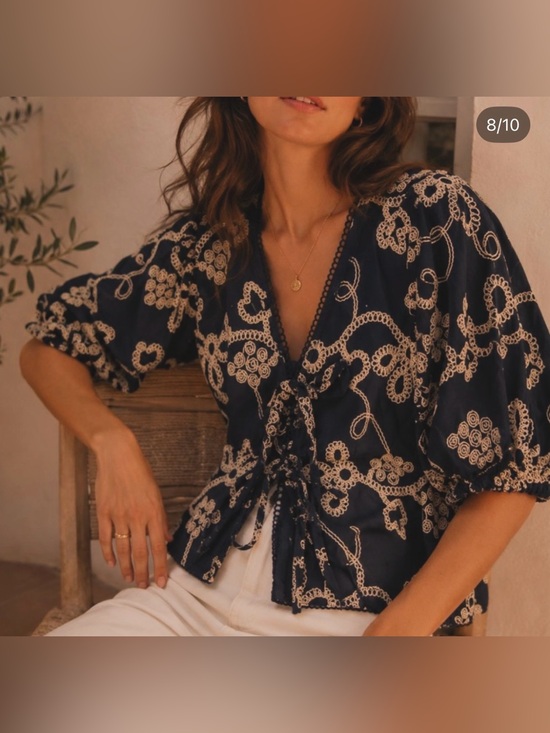 CeCe Tops - CeCe Navy Blouse with Cream Lace Embroidery